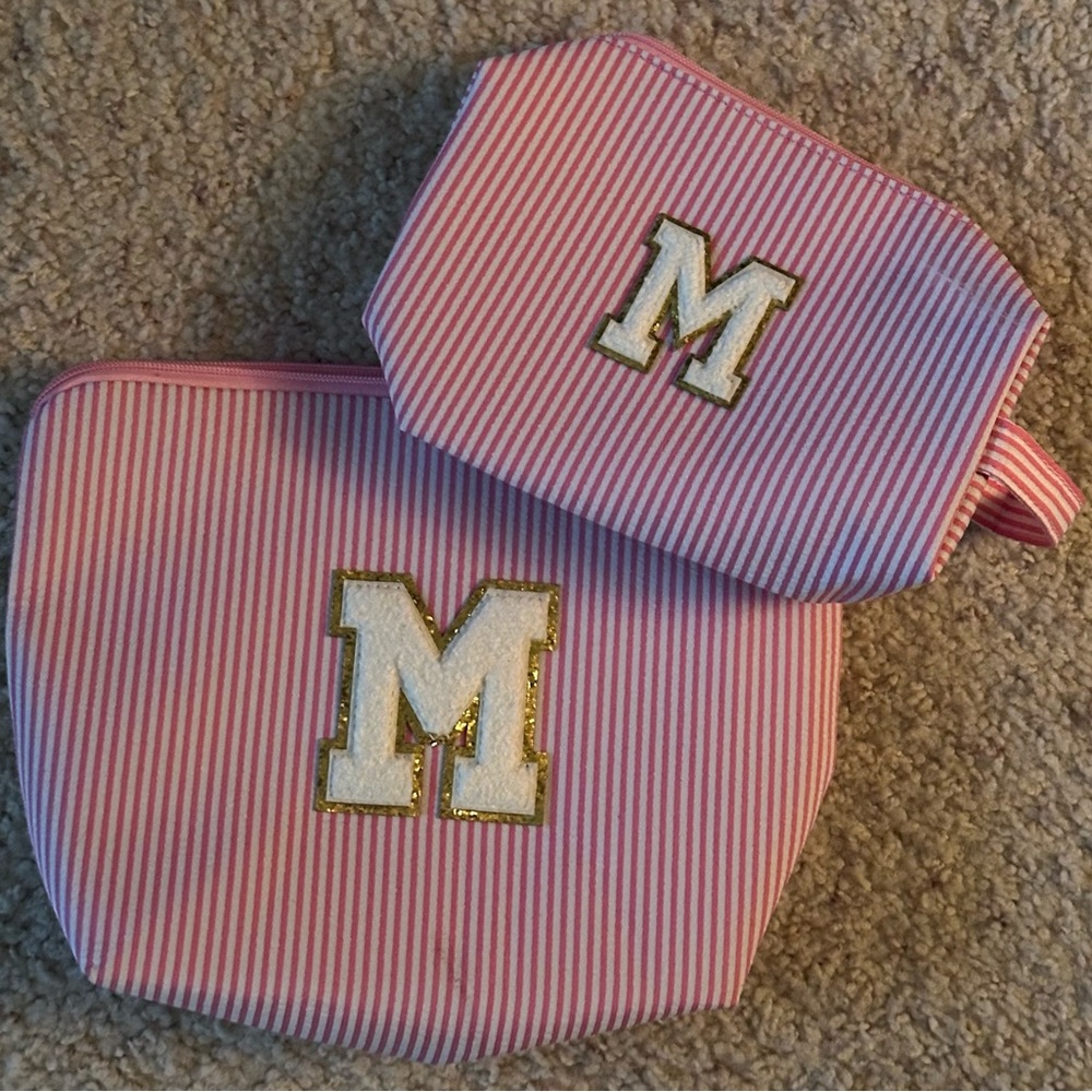 🎀 Pretty in Pink Cosmetic Bag Duo — Monogram “M” Magic! 🎁✨